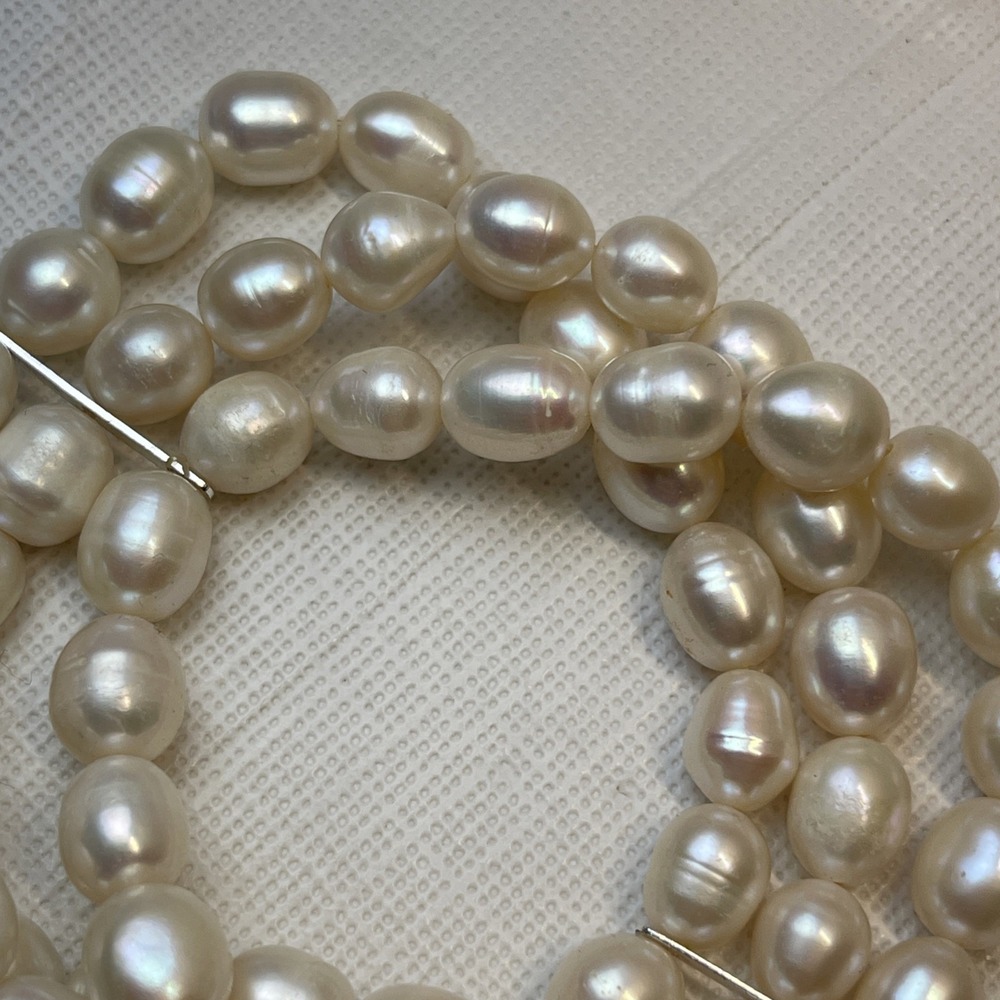 3 Strand Freshwater Cultured Pearl Stretch Bracelet 925 Sterling Silver Spacers - Picture 4 of 6